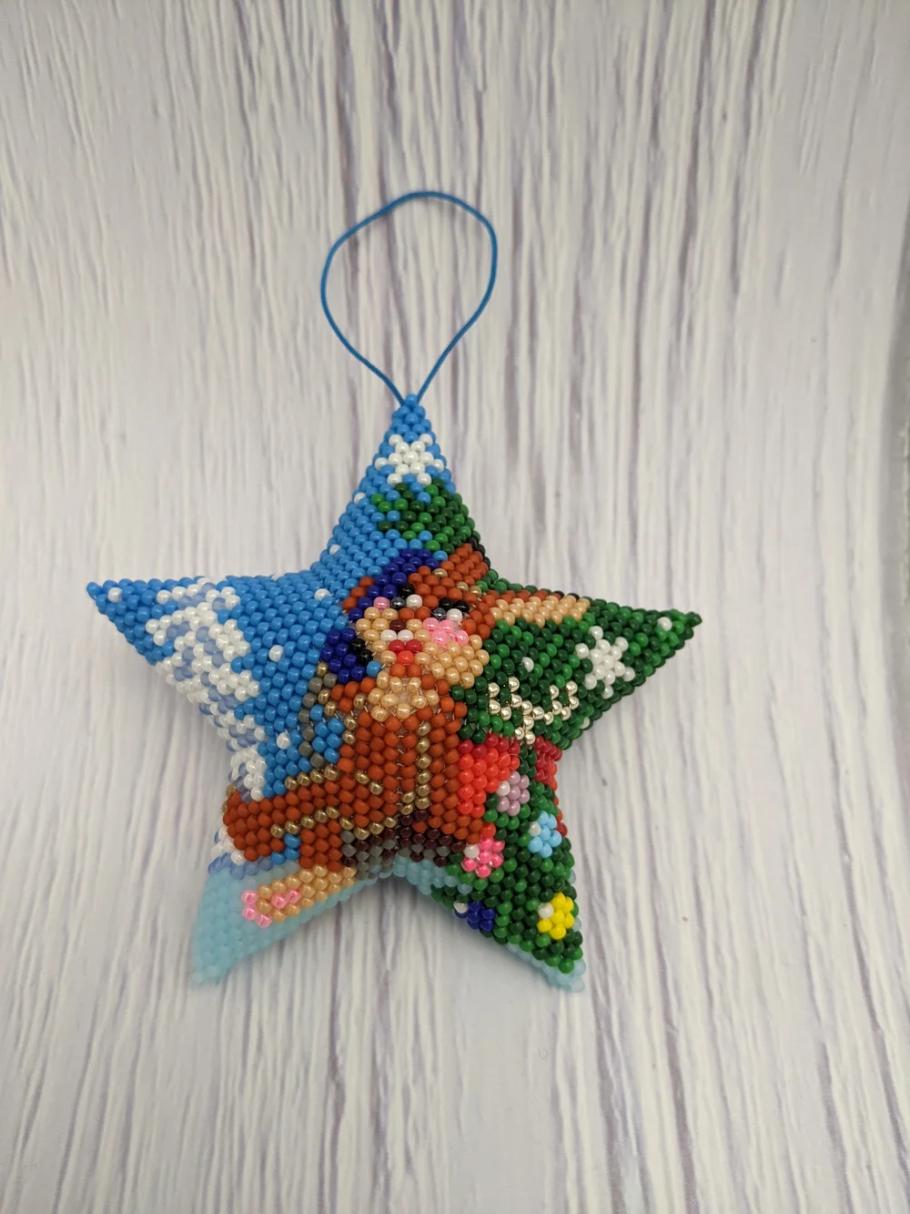 Handmade Blue Beaded Star Holiday Ornament - Cute Bunny Design